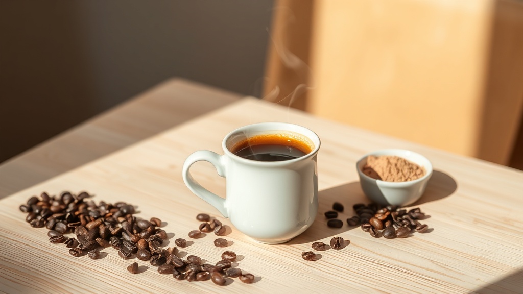 Tasse de café fumante posée sur une table en bois clair