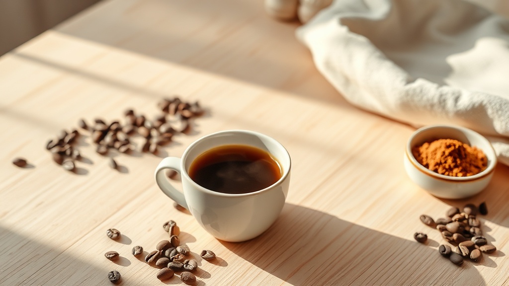 Tasse de café fumante posée sur une table en bois clair