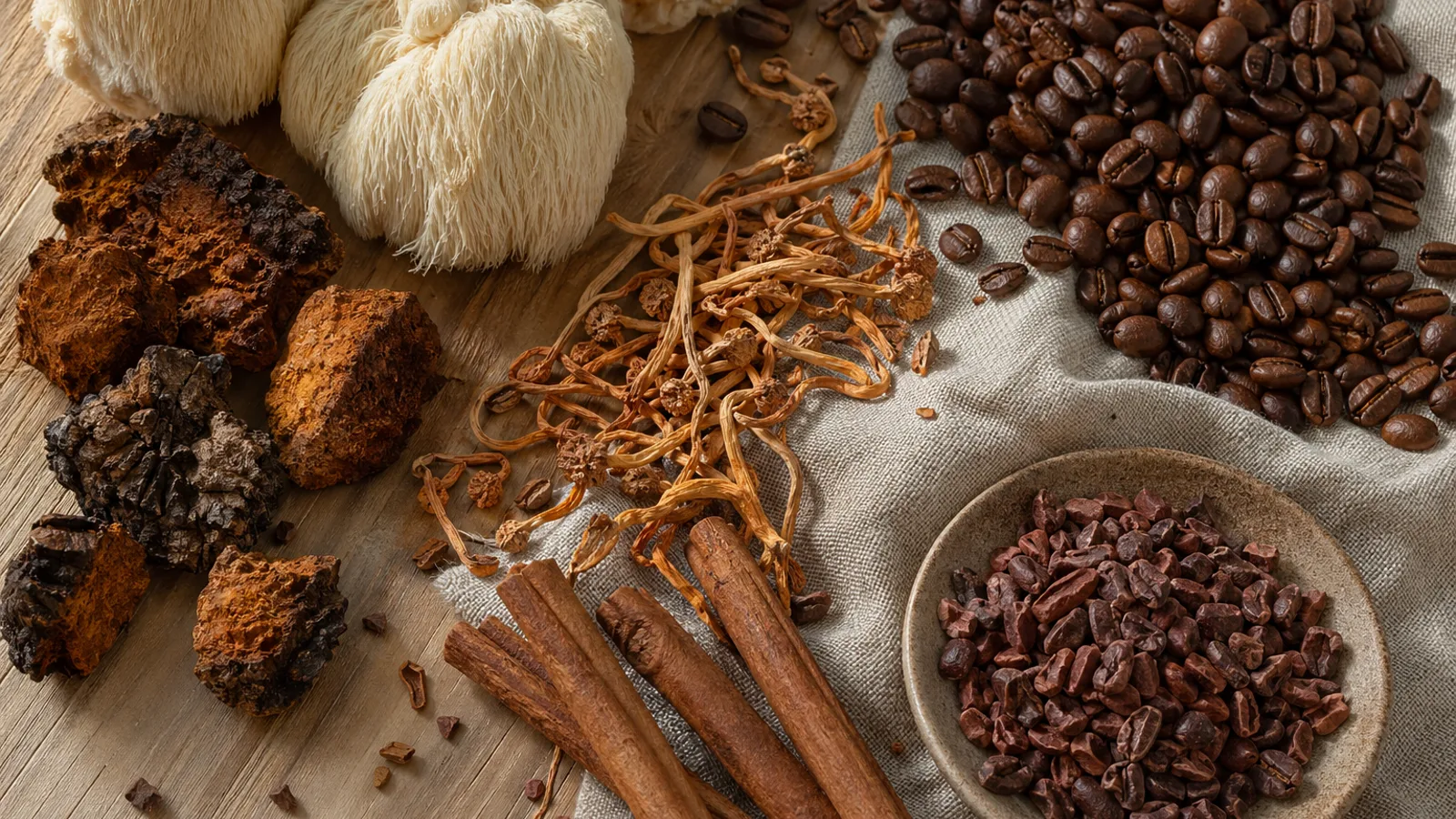 Lion's Mane, Reishi, Cordyceps et Chaga disposés autour d'une tasse chaude dans une ambiance éditoriale premium